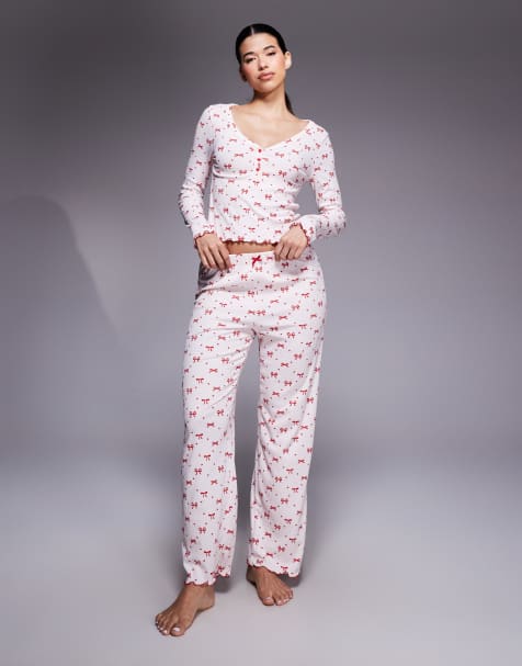 River Island – Pyjama aus Jersey in Hellrosa mit Schleifenmuster - view 1