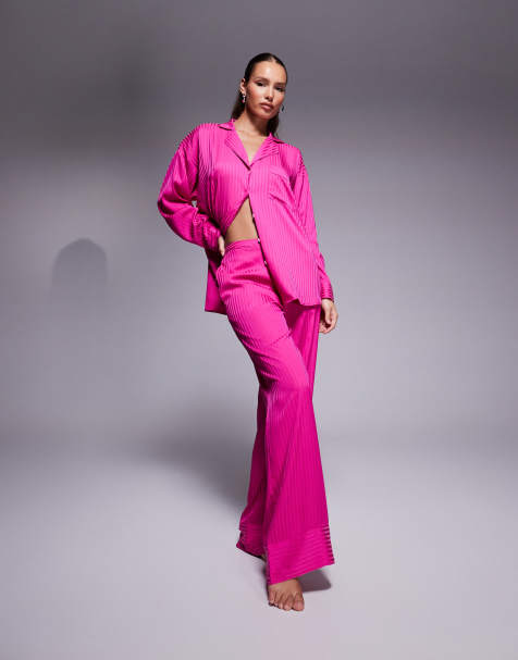 River Island – Pyjama aus rosa Satin mit Streifen - view 1