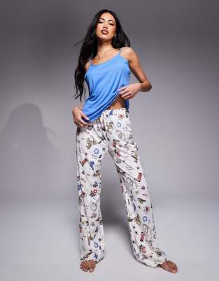 River Island - Pyjama mit Camisole in Blau und Hose mit Western-Print