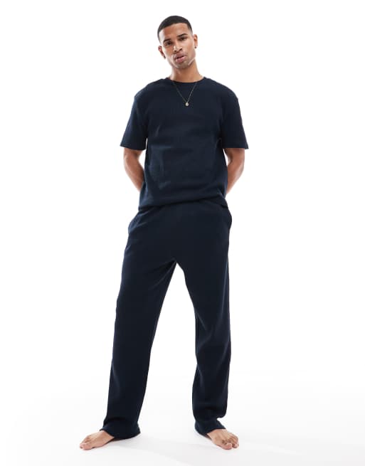 River Island - Pyjamaset van wafelstof in marineblauw