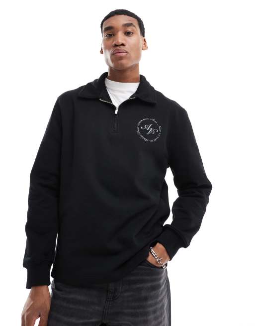 River Island quarter zip collared sweatshirt in black ASOS