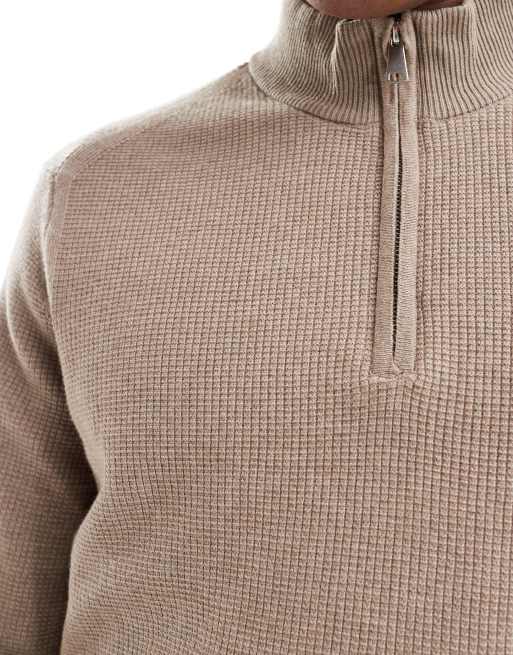 River Island quarter zip jumper in stone ASOS