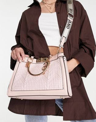 River Island quilted 2 way grab crossbody tote bag in light pink