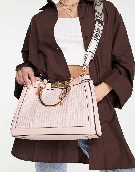 River Island quilted 2 way grab crossbody tote bag in light pink | ASOS