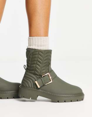 River Island Quilted Buckle Boot In Khaki Green