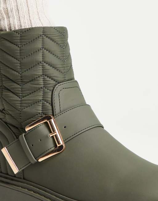 River Island quilted buckle boots in khaki green