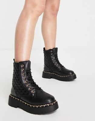 River Island quilted chain detail ankle boot in black