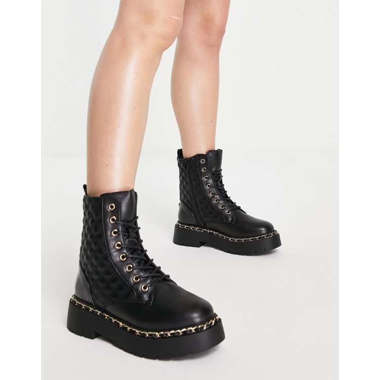 River Island quilted chain detail ankle boots in black | ASOS