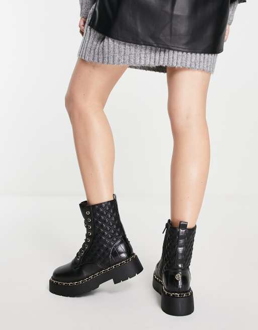 River Island quilted chain detail ankle boots in black | ASOS