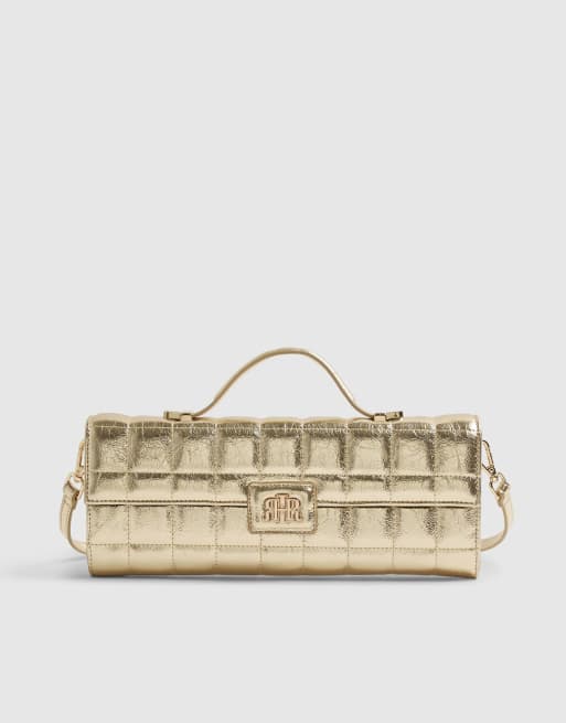 River Island Quilted clutch bag in gold, 3 of 4