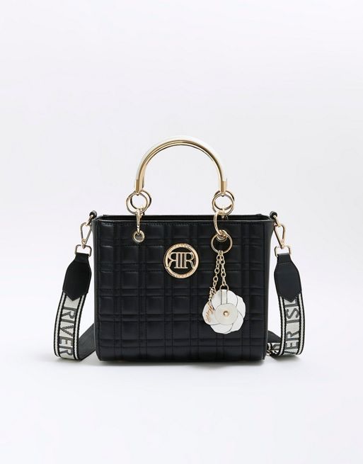 River Island Quilted corsage tote bag in black | ASOS