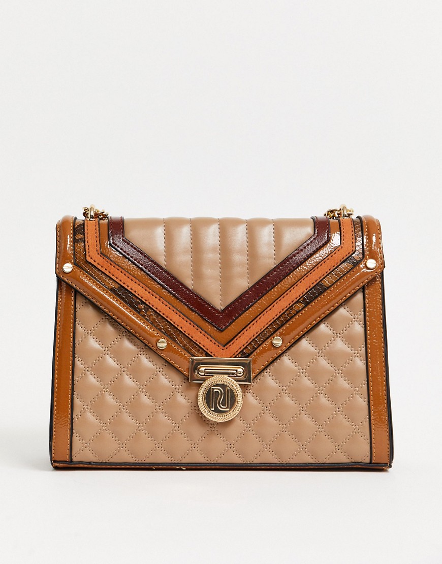 River Island quilted crossbody bag in tan-Beige