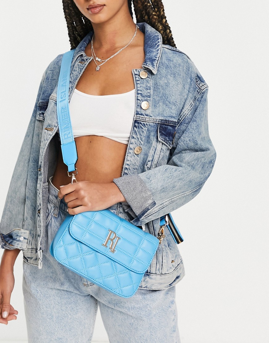 River Island quilted double comp crossbody bag in bright blue-Blues