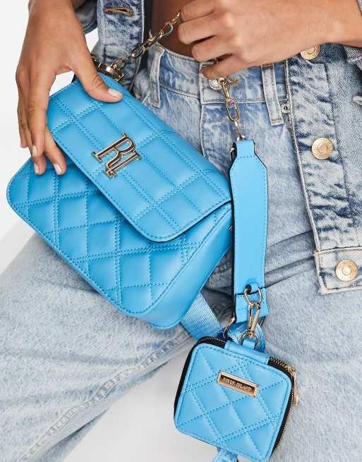 River Island Quilted Denim Double Cross Body Bag in Blue