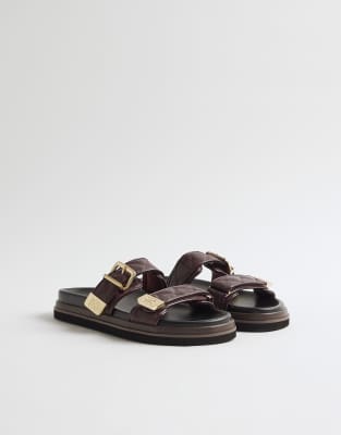 River Island Quilted Double Strap Footbed Sandals In Burgundy