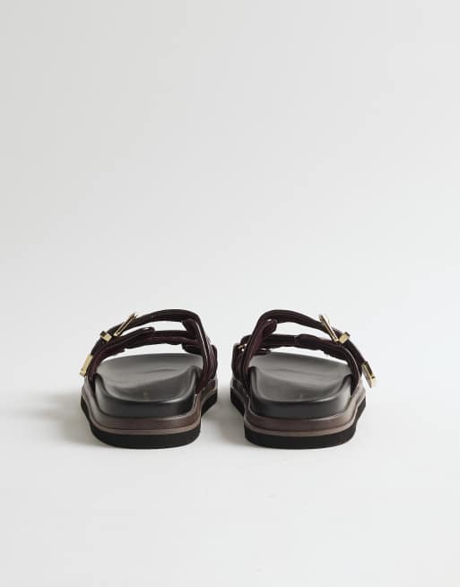 River Island quilted double strap footbed sandals in burgundy  , 4 of 4