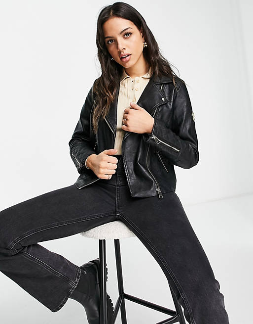 River Island quilted faux-leather biker jacket in black