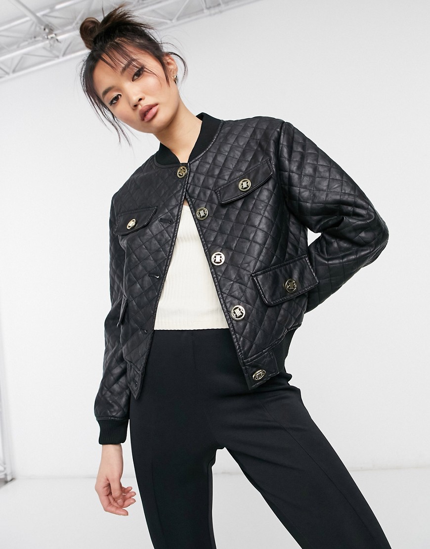 River Island quilted faux leather bomber jacket in black