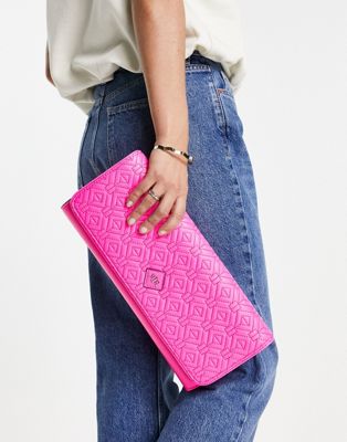 River Island quilted flat front clutch bag in bright pink
