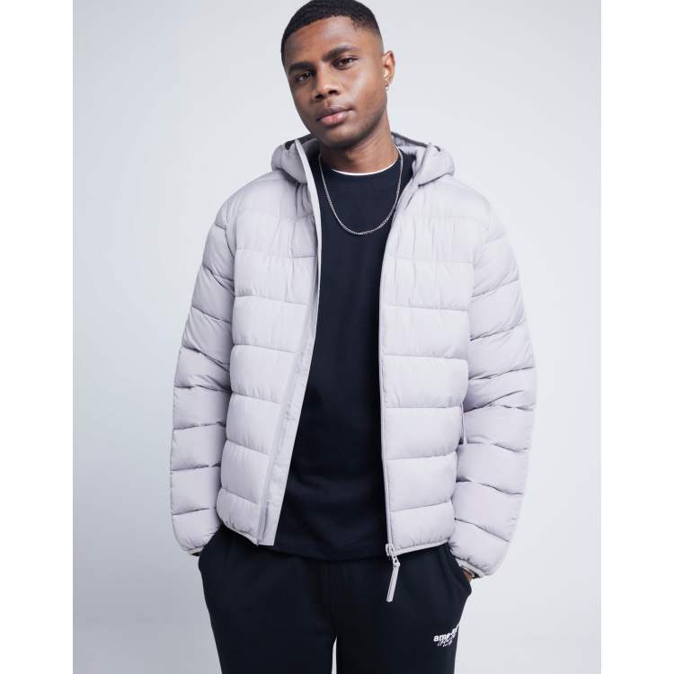 Grey hooded puffer coat sale