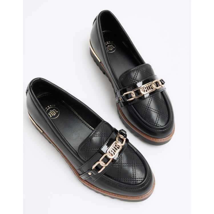 River Island quilted loafer with chain detail in black wide fit ASOS
