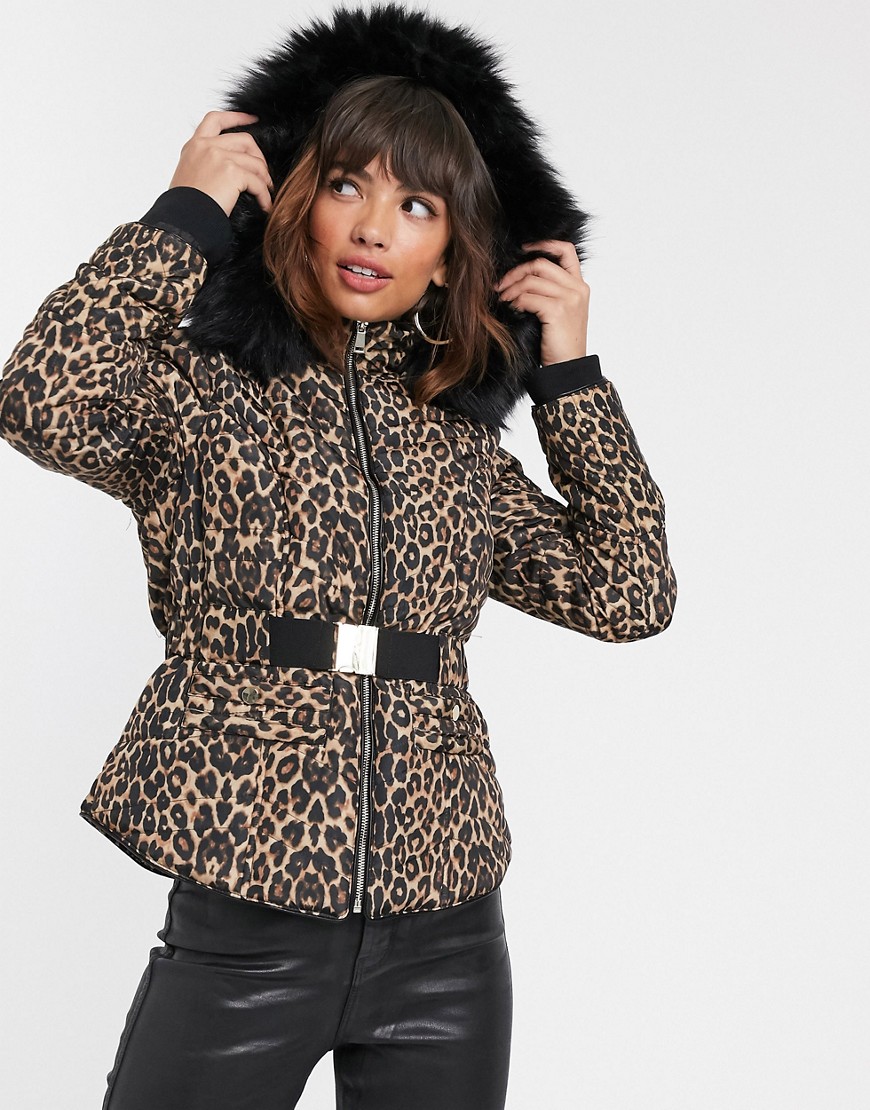 River Island quilted padded jacket with faux fur hood and belt in leopard print-Multi