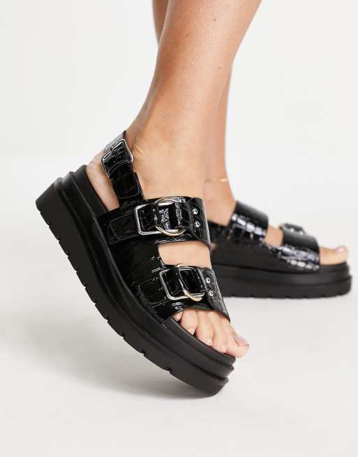 River Island quilted patent chunky buckle sandals in black ASOS