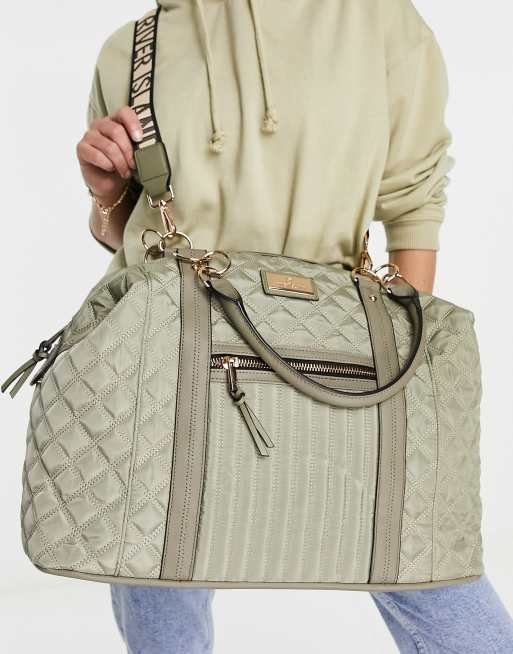 River Island quilted satin holdall weekend bag in sage