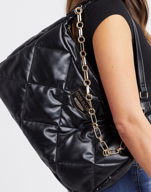River Island quilted shoulder bag with chain strap in black