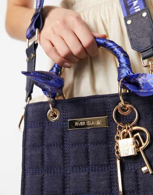 River Island quilted tote bag with scarf detail in navy