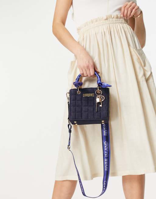 River Island quilted tote bag with scarf detail in navy, 4 of 4