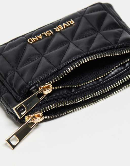 River Island quilted zip double pouch wallet in black