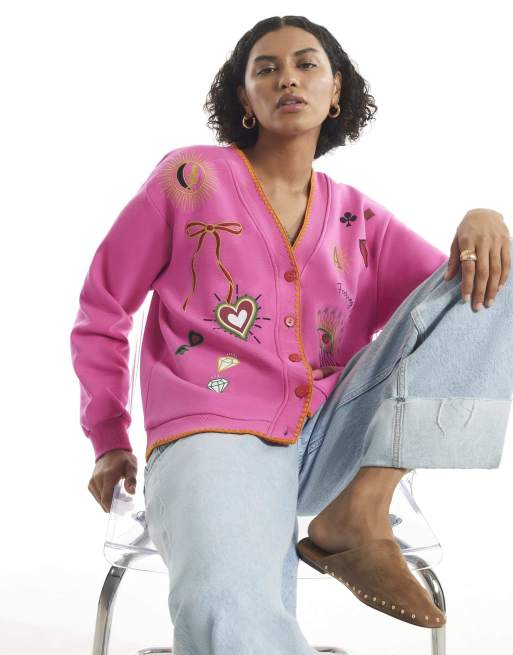 River Island Quirky boutique sweatshirt cardigan in pink, 2 of 4