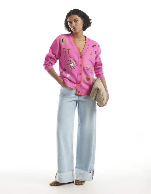 River Island Quirky boutique sweatshirt cardigan in pink, 3 of 4