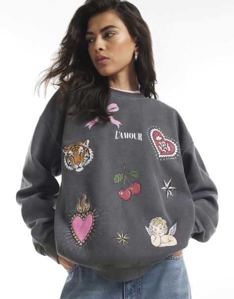 River Island Quirky cherub hotfix sweatshirt in grey - view 1