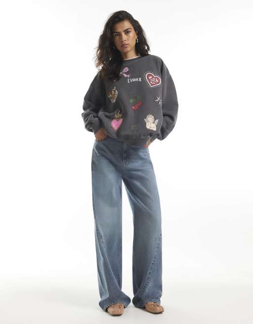 River Island Quirky cherub hotfix sweatshirt in grey, 2 of 4
