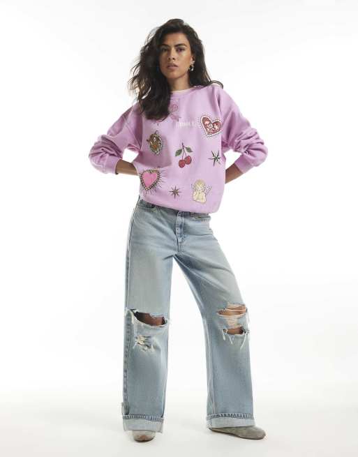 River Island Quirky cherub hotfix sweatshirt in pink, 2 of 4