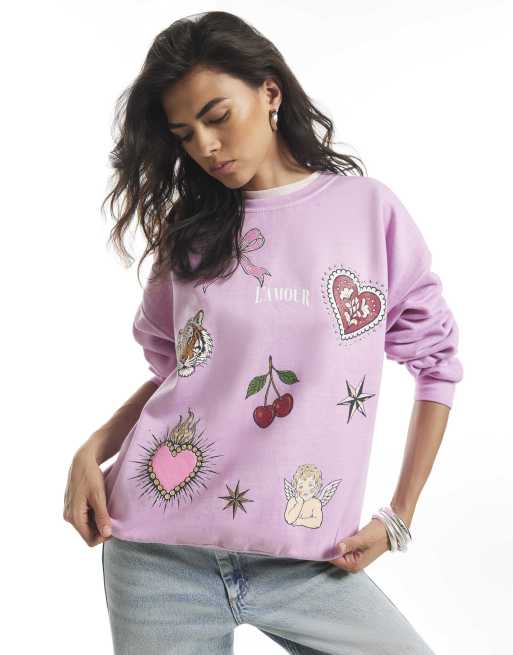 River Island Quirky cherub hotfix sweatshirt in pink, 3 of 4