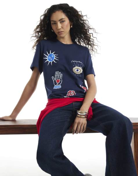 River Island Quirky motif beaded t-shirt in navy