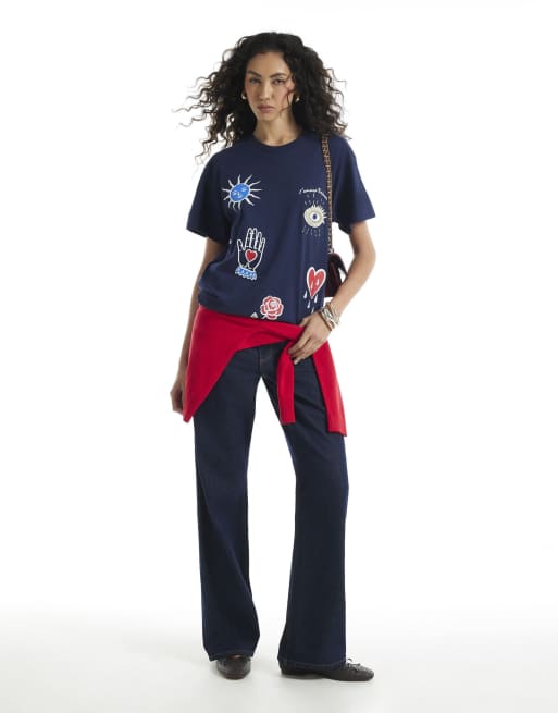 River Island Quirky motif beaded t-shirt in navy, 2 of 4