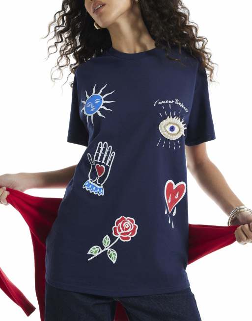 River Island Quirky motif beaded t-shirt in navy, 3 of 4