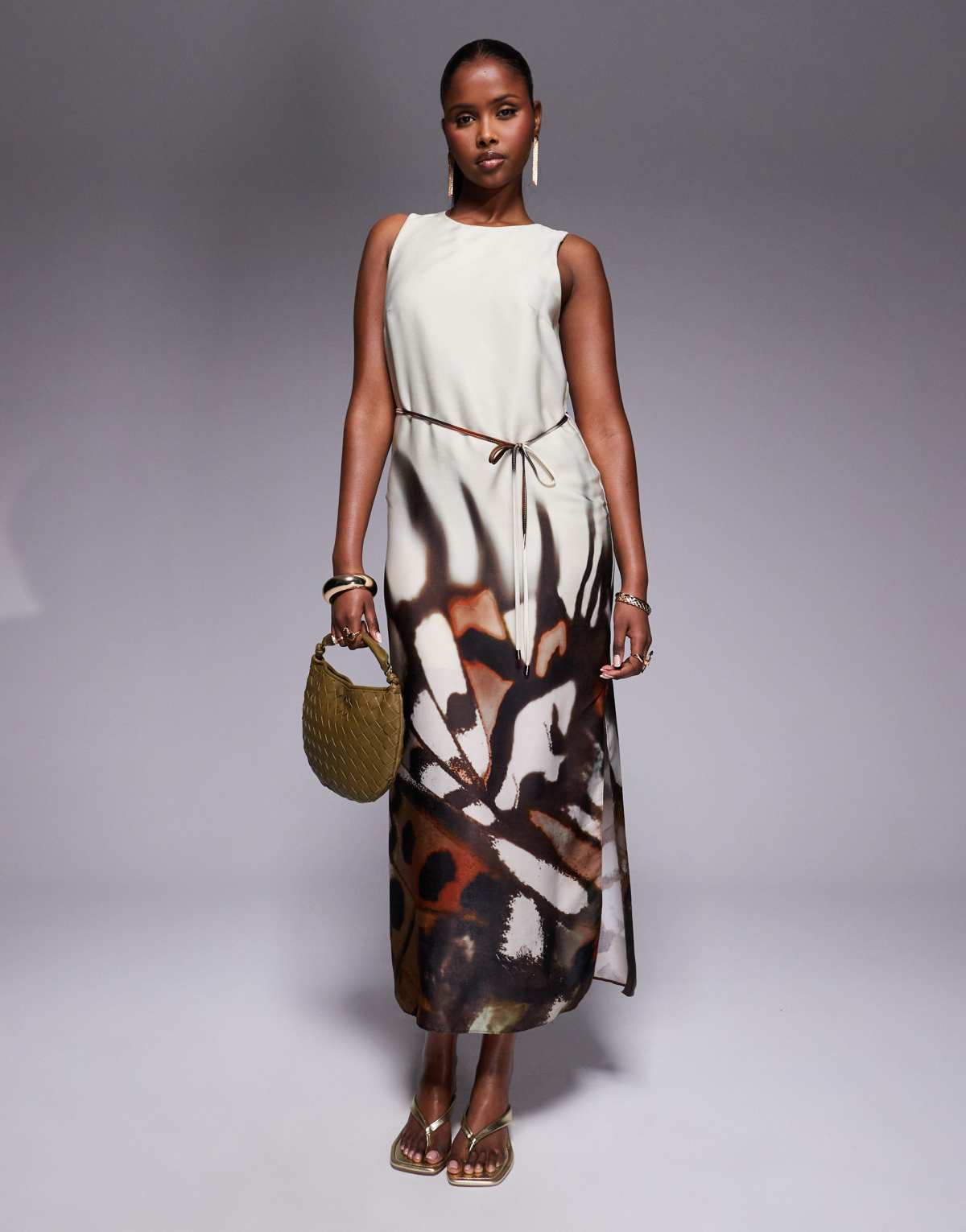 River Island racer neck floral print slip dress in cream