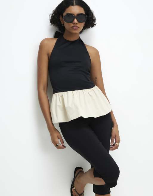 River Island Racer neck hybrid peplum top in black, 2 of 4