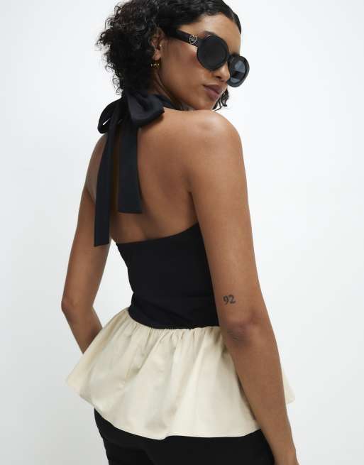 River Island Racer neck hybrid peplum top in black, 3 of 4