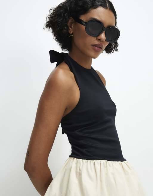 River Island Racer neck hybrid peplum top in black, 4 of 4
