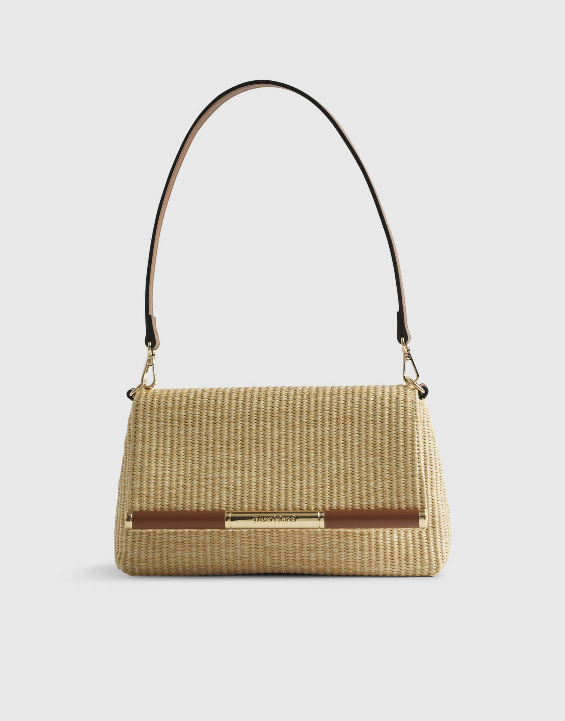 river island raffia bar front shoulder bag in beige