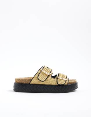  Raffia double strap footbed sandals in beige