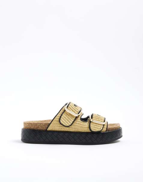 River Island Raffia double strap footbed sandals in beige - view 1