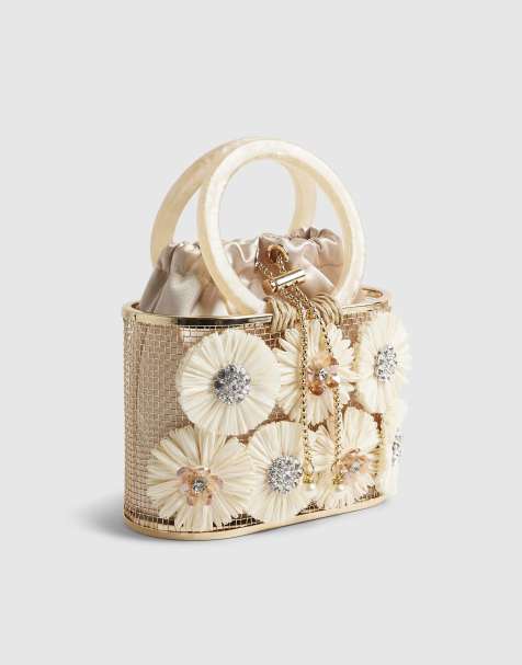 River Island Raffia flower basket bag in beige - view 1