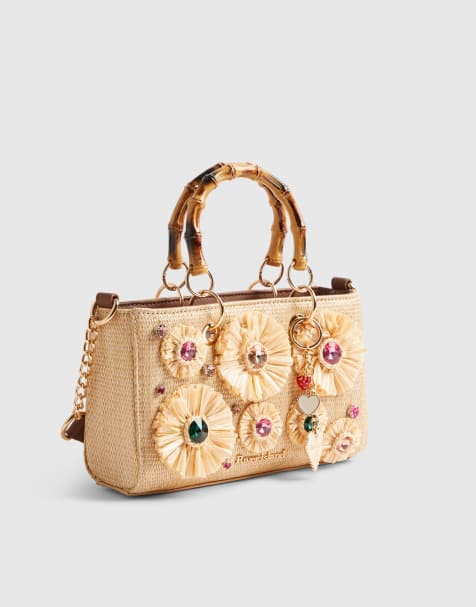 River Island Raffia gem flower tote bag in beige - view 1